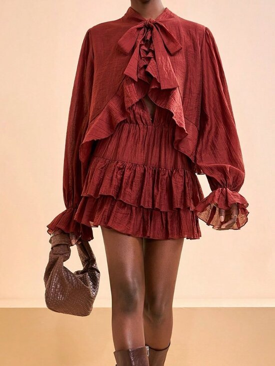 Dresses & Skirts - Rust Brown Boho Women's Mini Dress with Sleeves and Ruffle Details